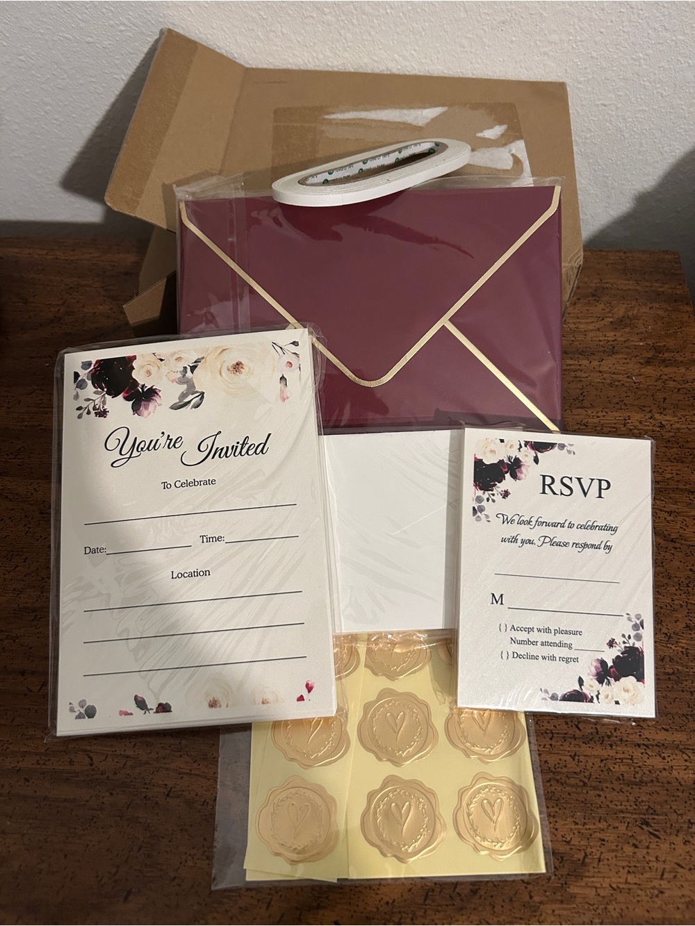 Elegant Burgundy and Gold Wedding Invitation Set of 25